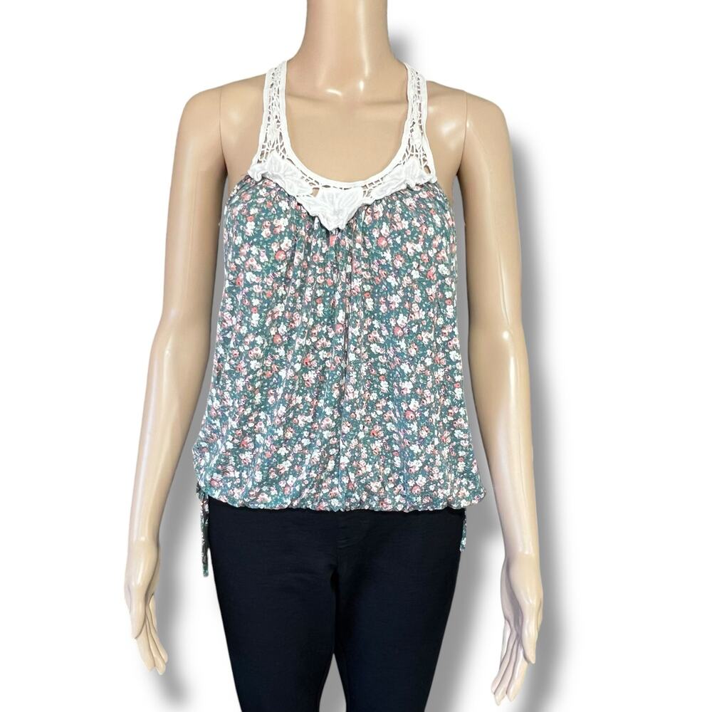 Forever 21 Womens Tank Top Crochet Scoop Neck Floral Print Green Pink Large